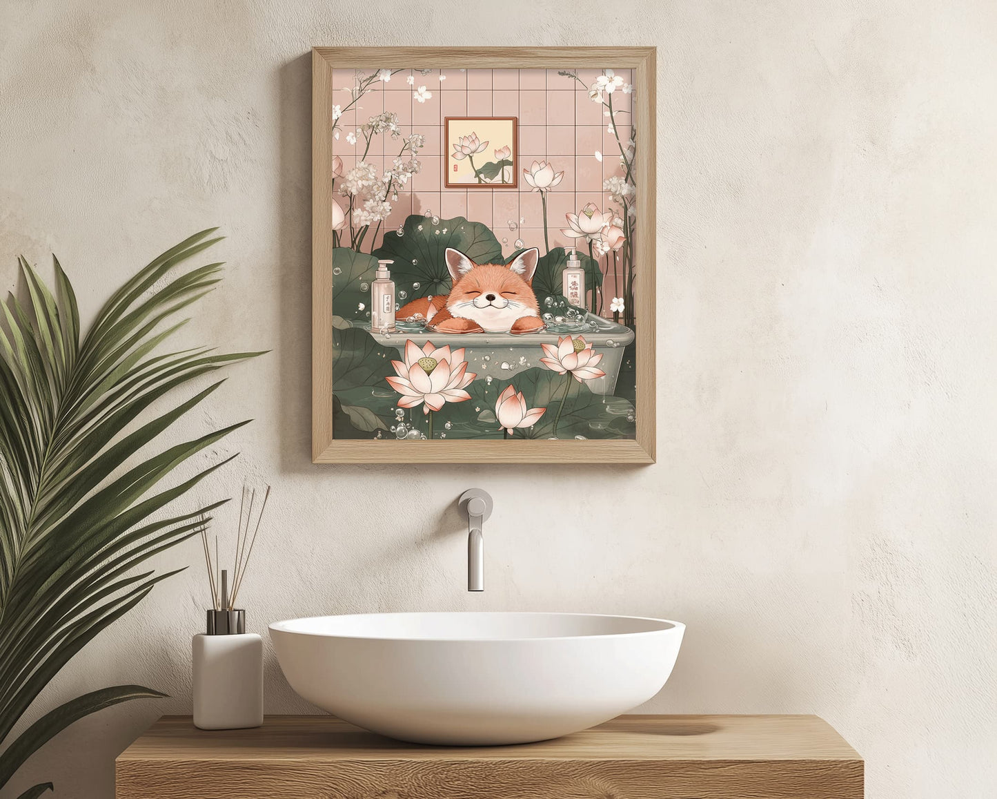 Minimalist fox poster with quirky bath theme decor