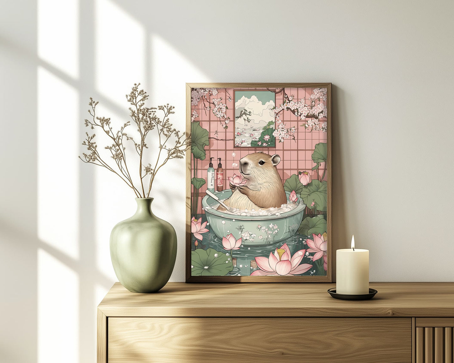 Minimalist Japandi capybara print for calm spa vibes