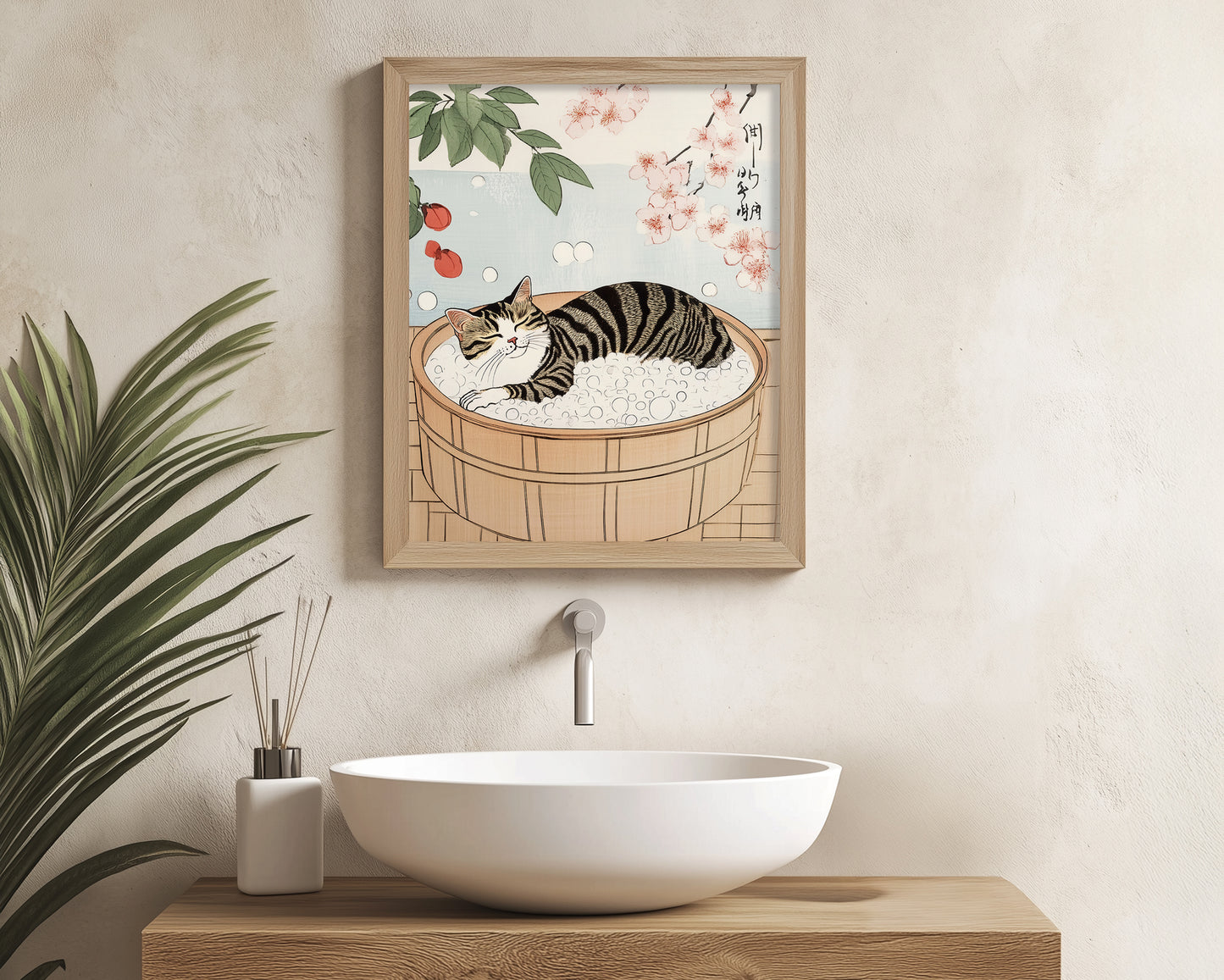Japandi wall art featuring a tabby cat in a bathroom
