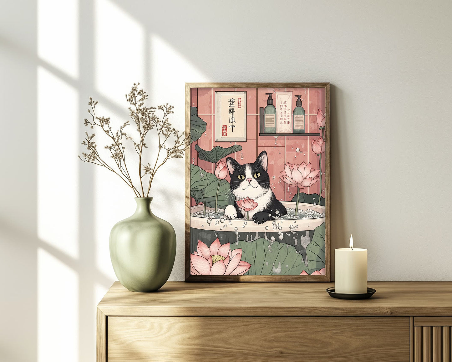 Minimalist black and white cat in Japanese bath