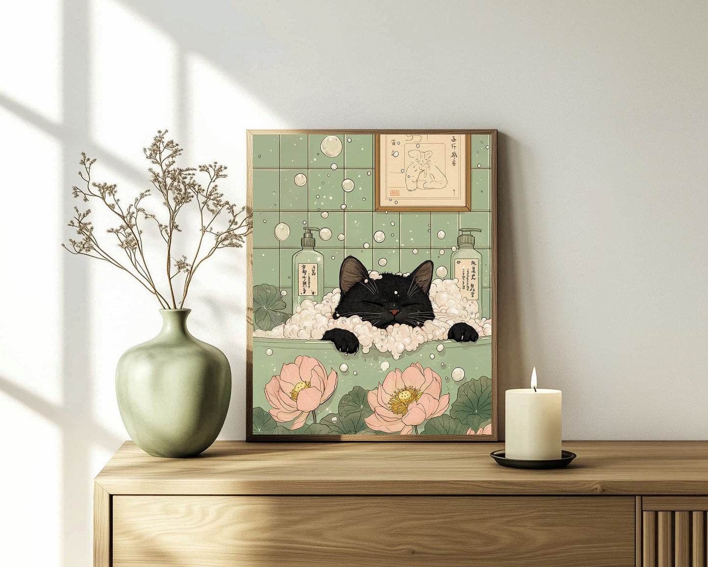 Funny Japandi cat art with soft pink and green bathroom decor