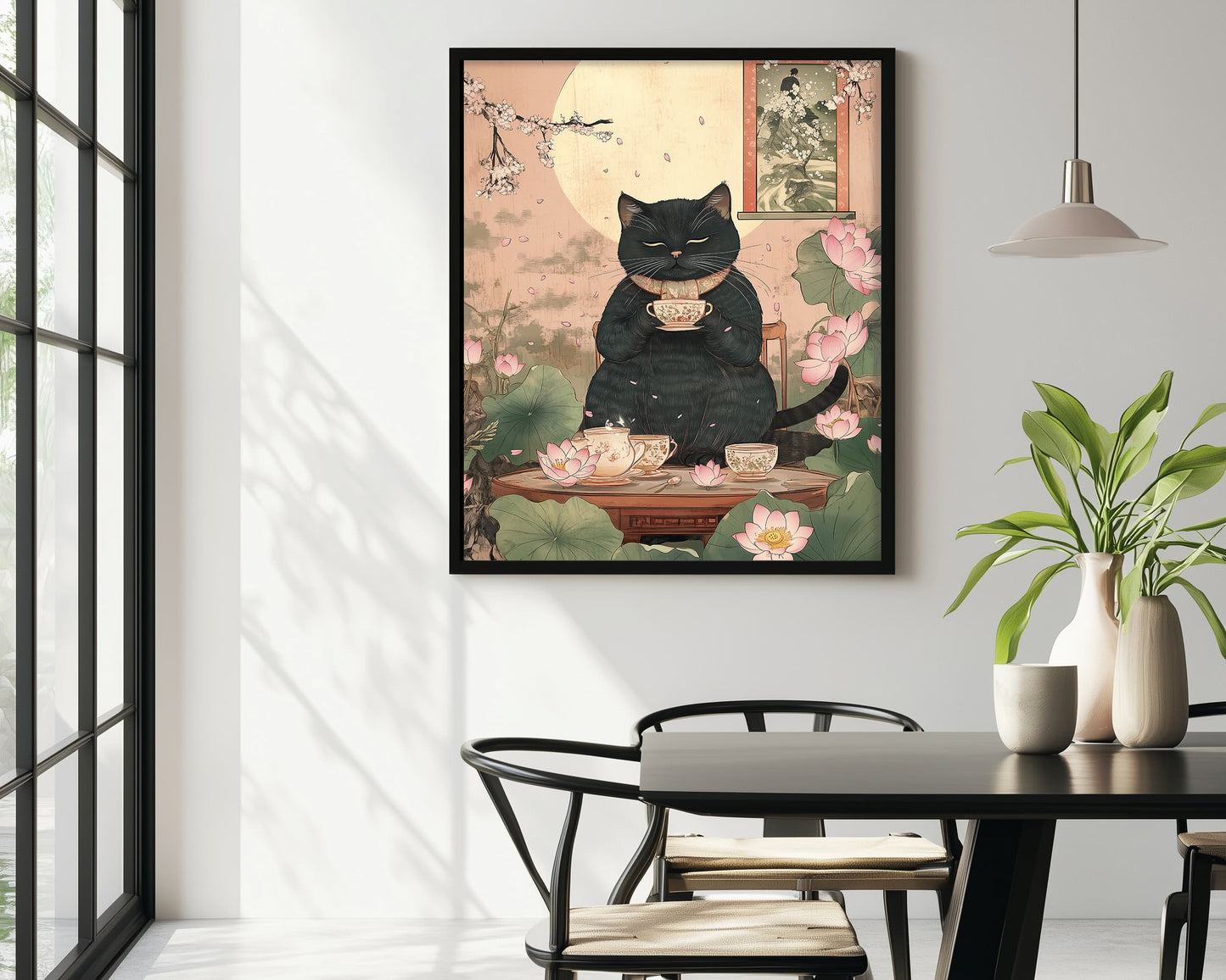 Japandi style cat tea art print with lotus and scroll art