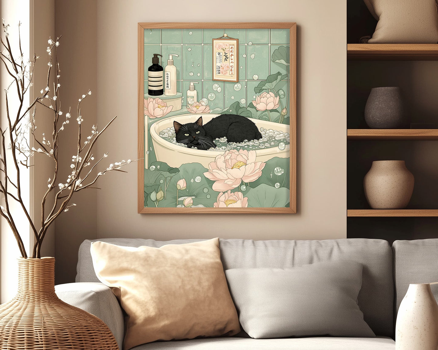 Funny Japandi cat bathroom print