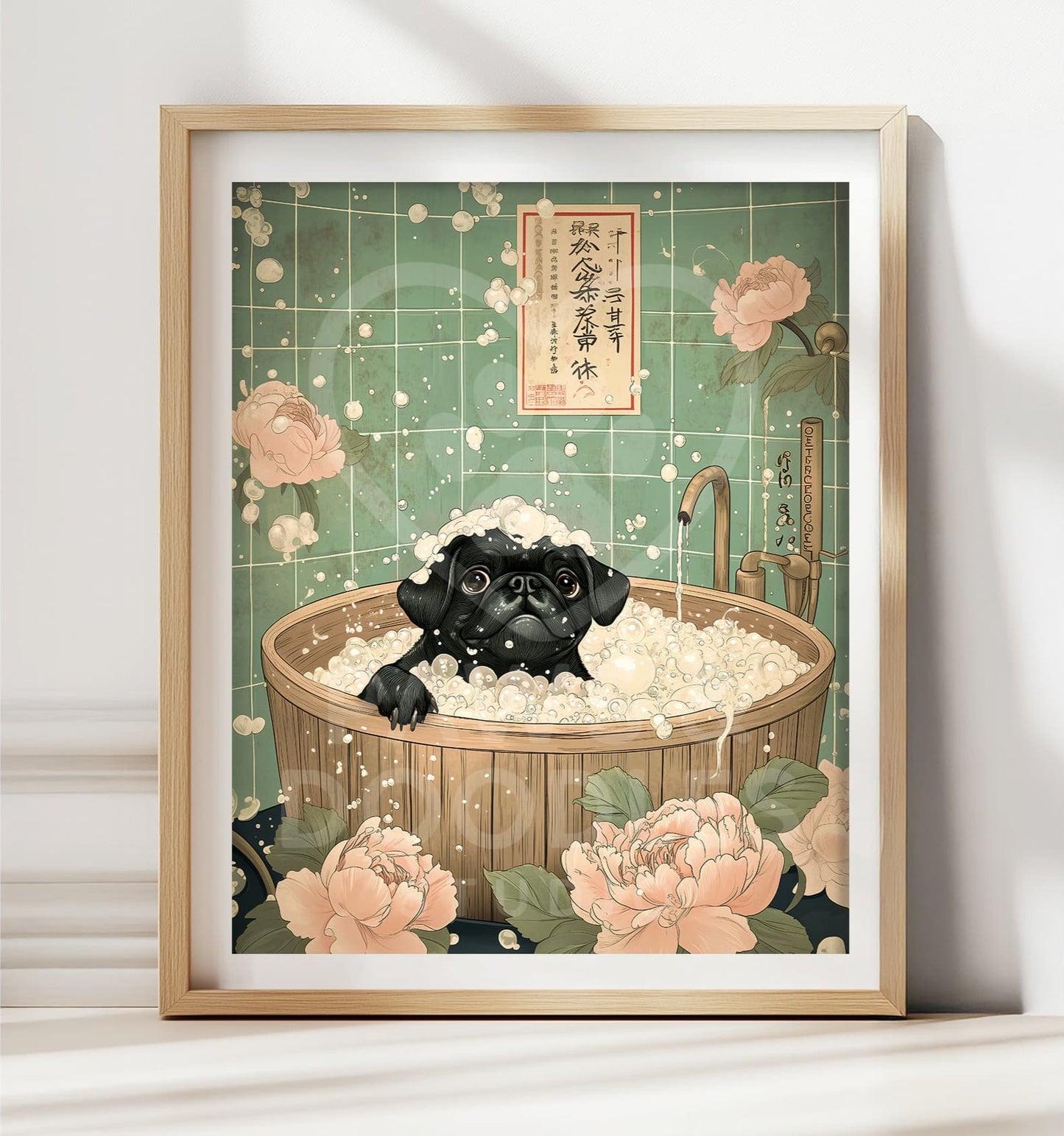 Black pug in bathtub wall art