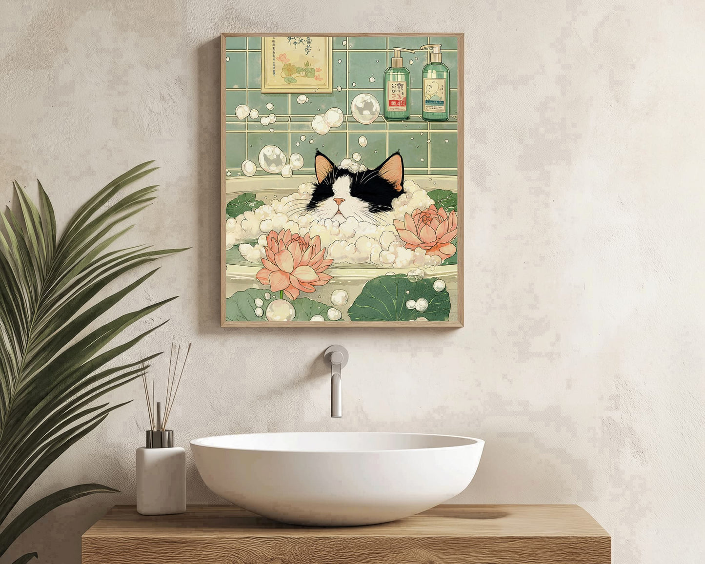Funny Japandi cat bathroom wall art