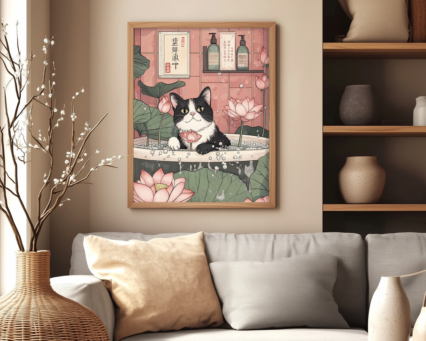 Japandi aesthetic art with Tuxedo cat and lotus