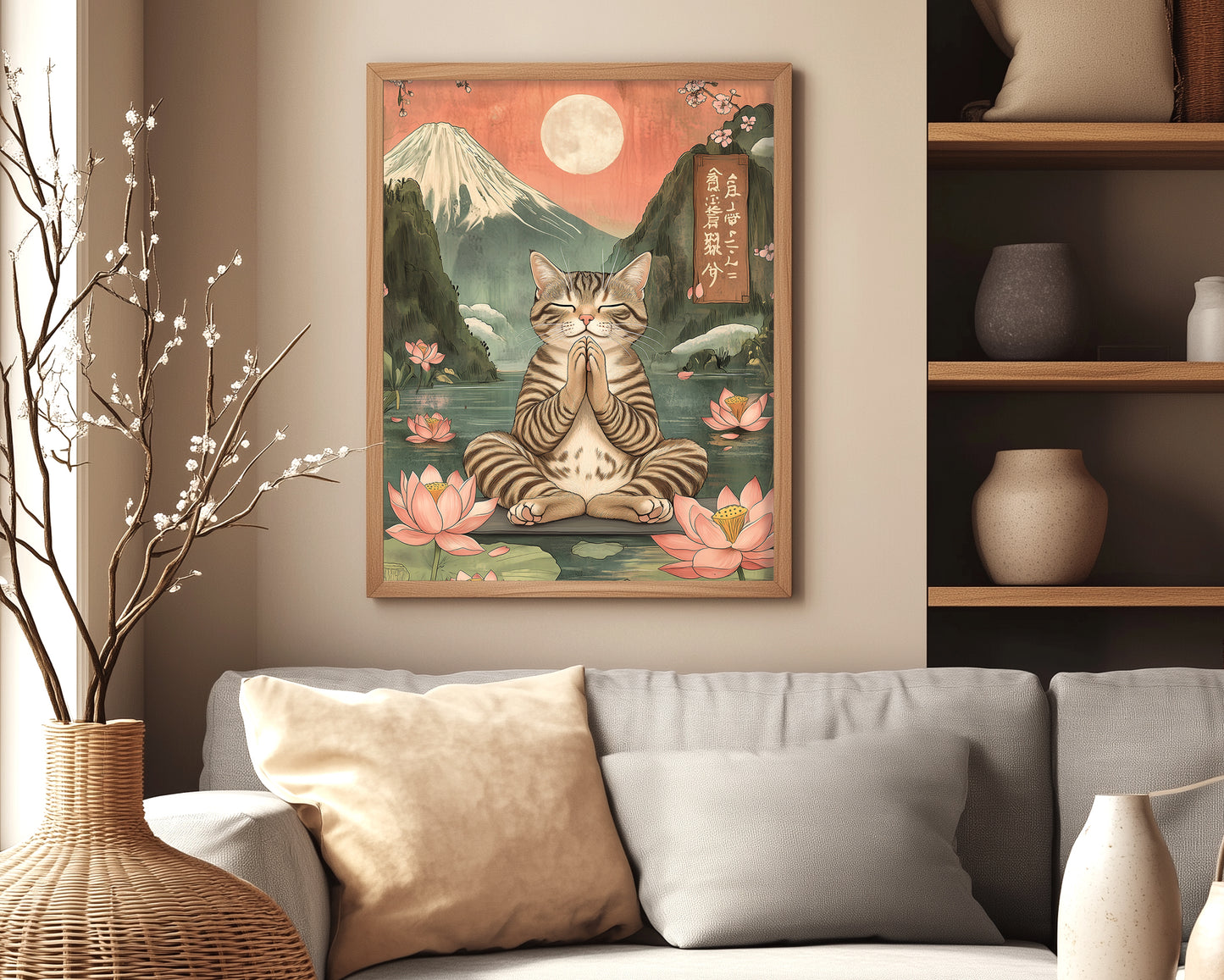 Relaxing Japandi-style cat poster with lotus and Fuji view