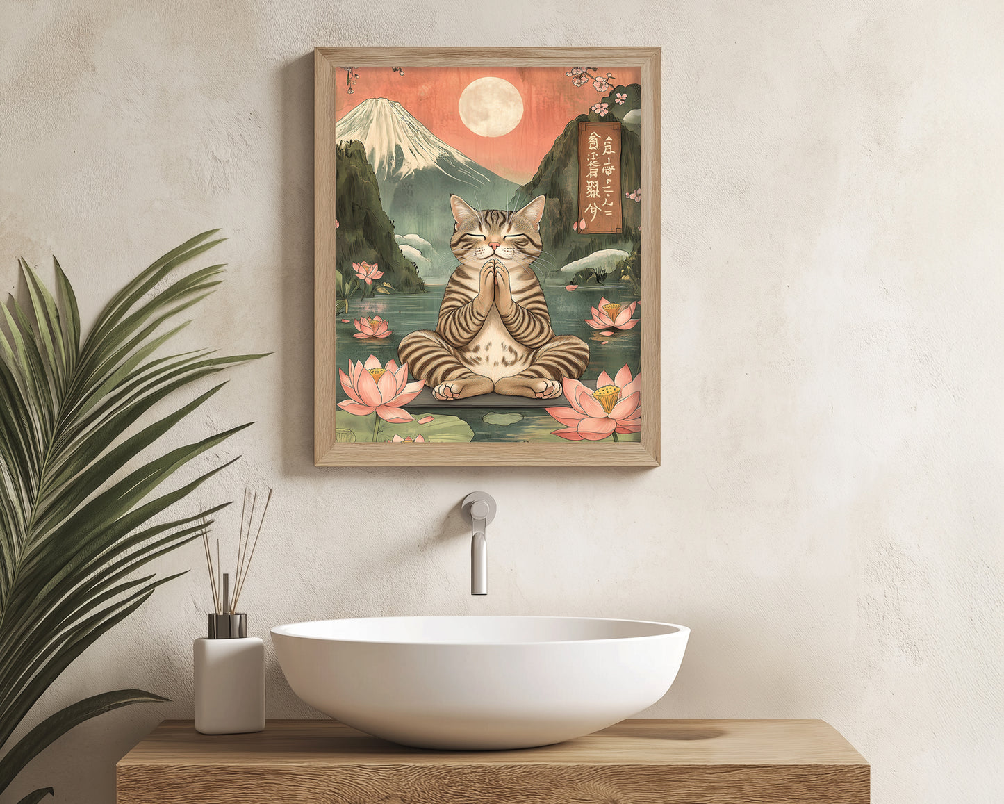 Cat lover gift print featuring serene Japan meditation scene