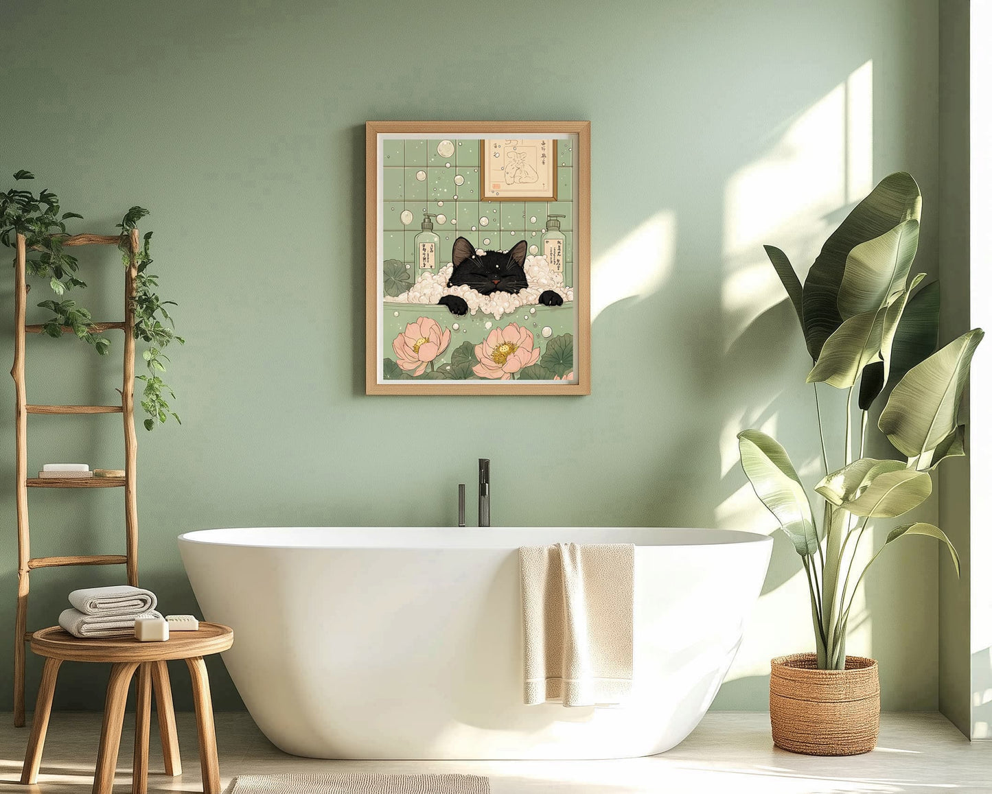 sage green bathroom decor zen spa art black cat