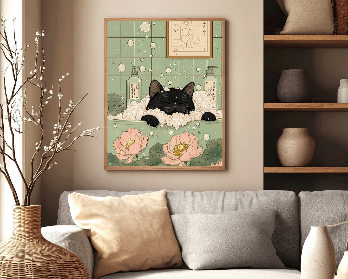 Cute black cat in bubble bath with floating lotus flowers
