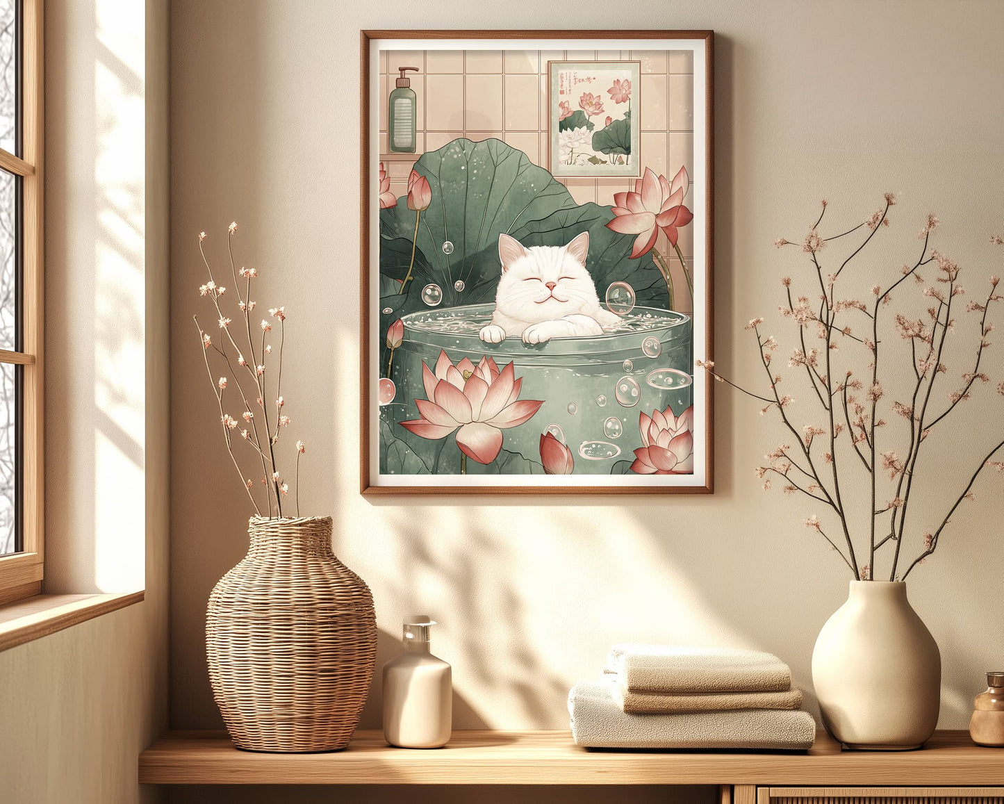 Japanese-style cat poster with cute white cat and bathtub scene