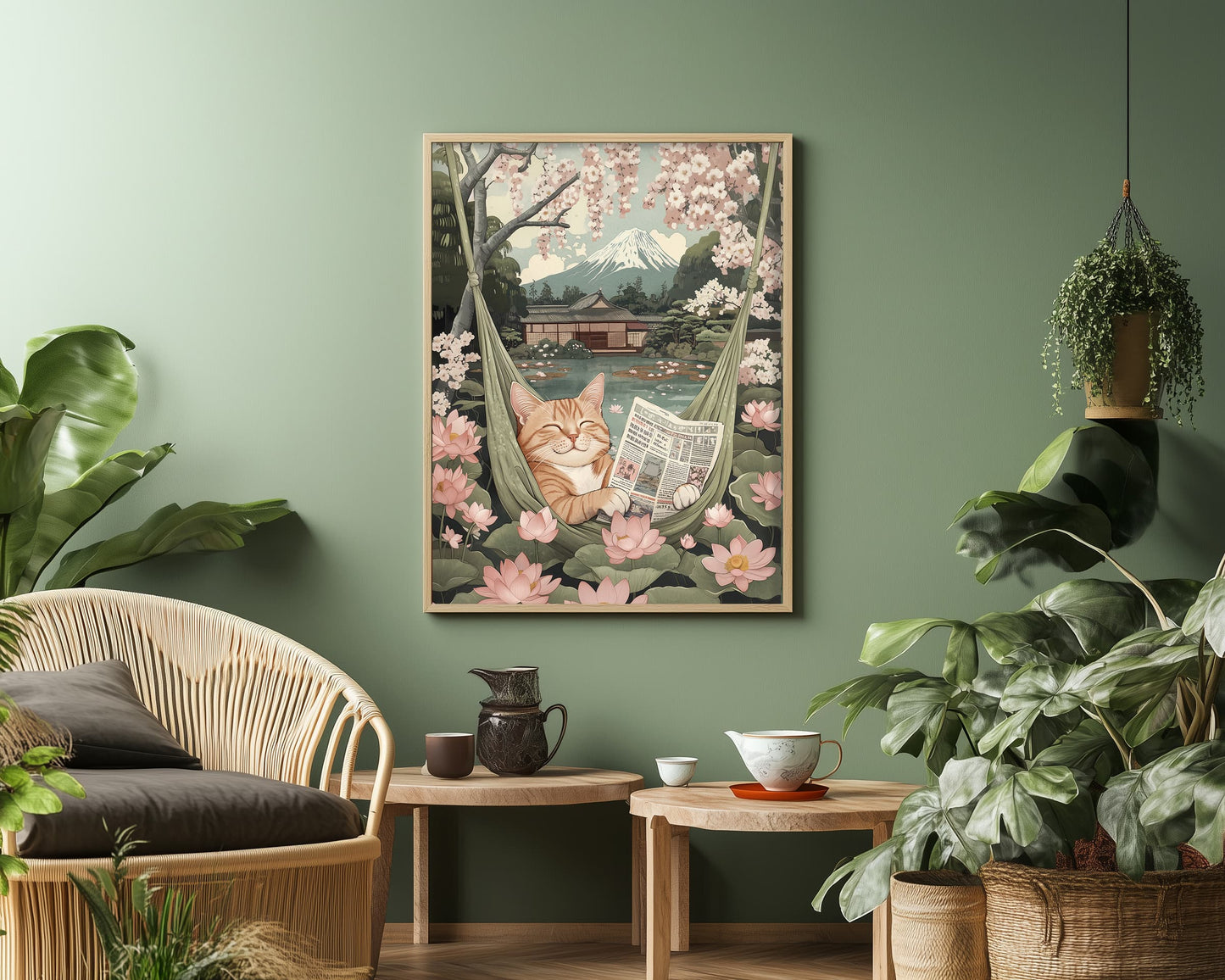 Zen cat in hammock Mt. Fuji wall art