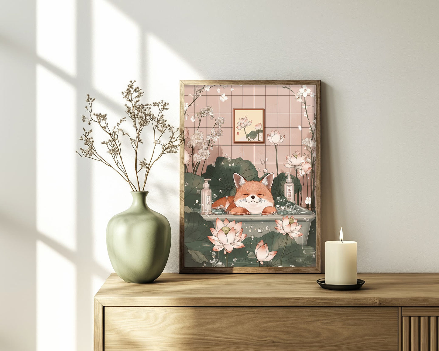 Funny animal print of fox in Japanese-style bath