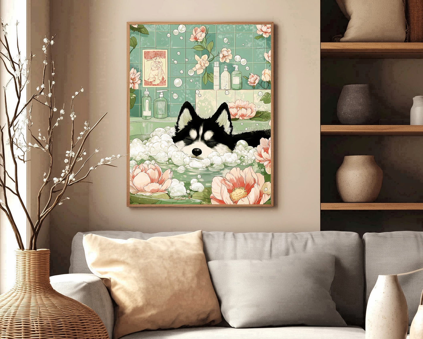Minimalist husky bathroom print in sage green tones