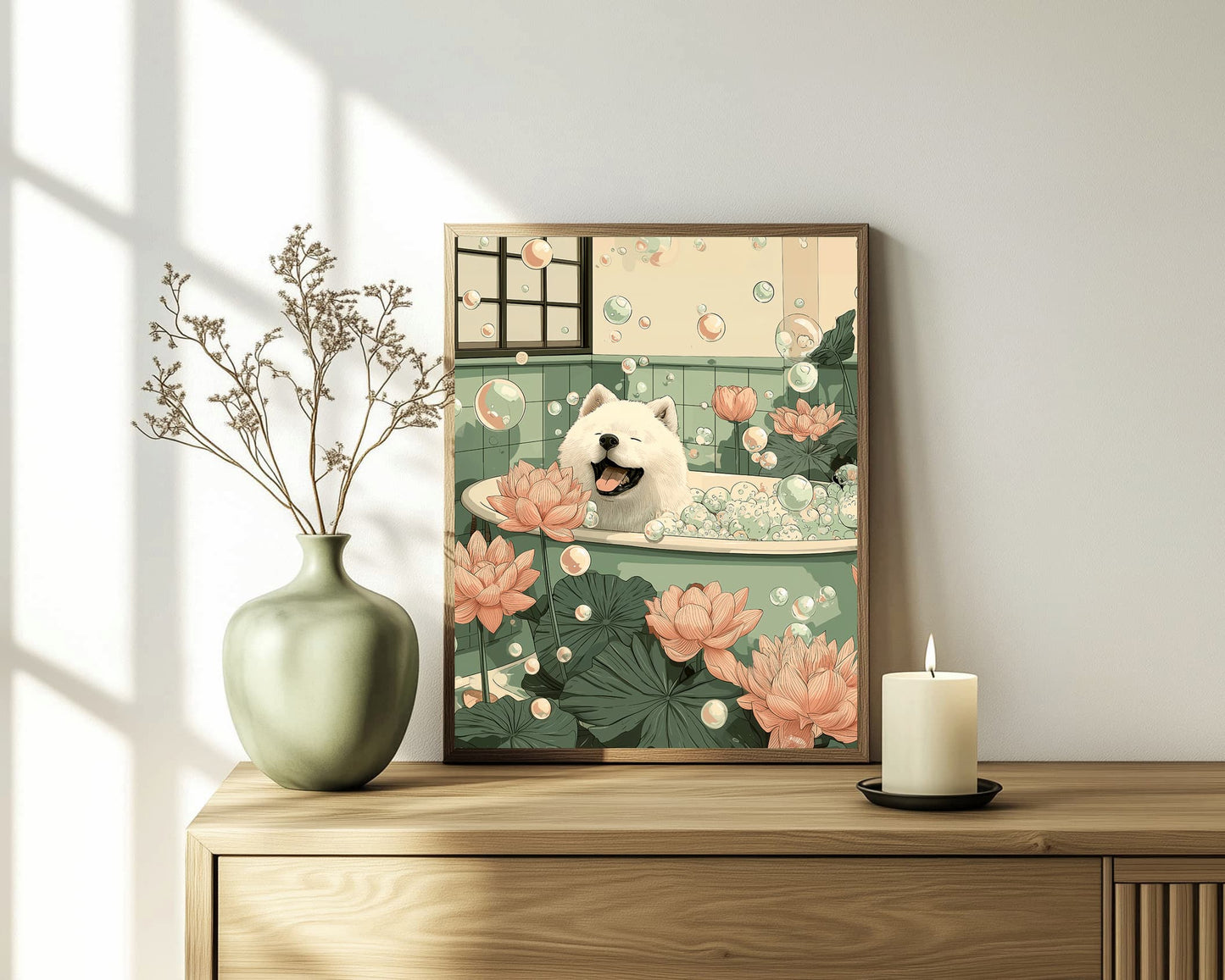 Zen-style fluffy white dog bathroom decor
