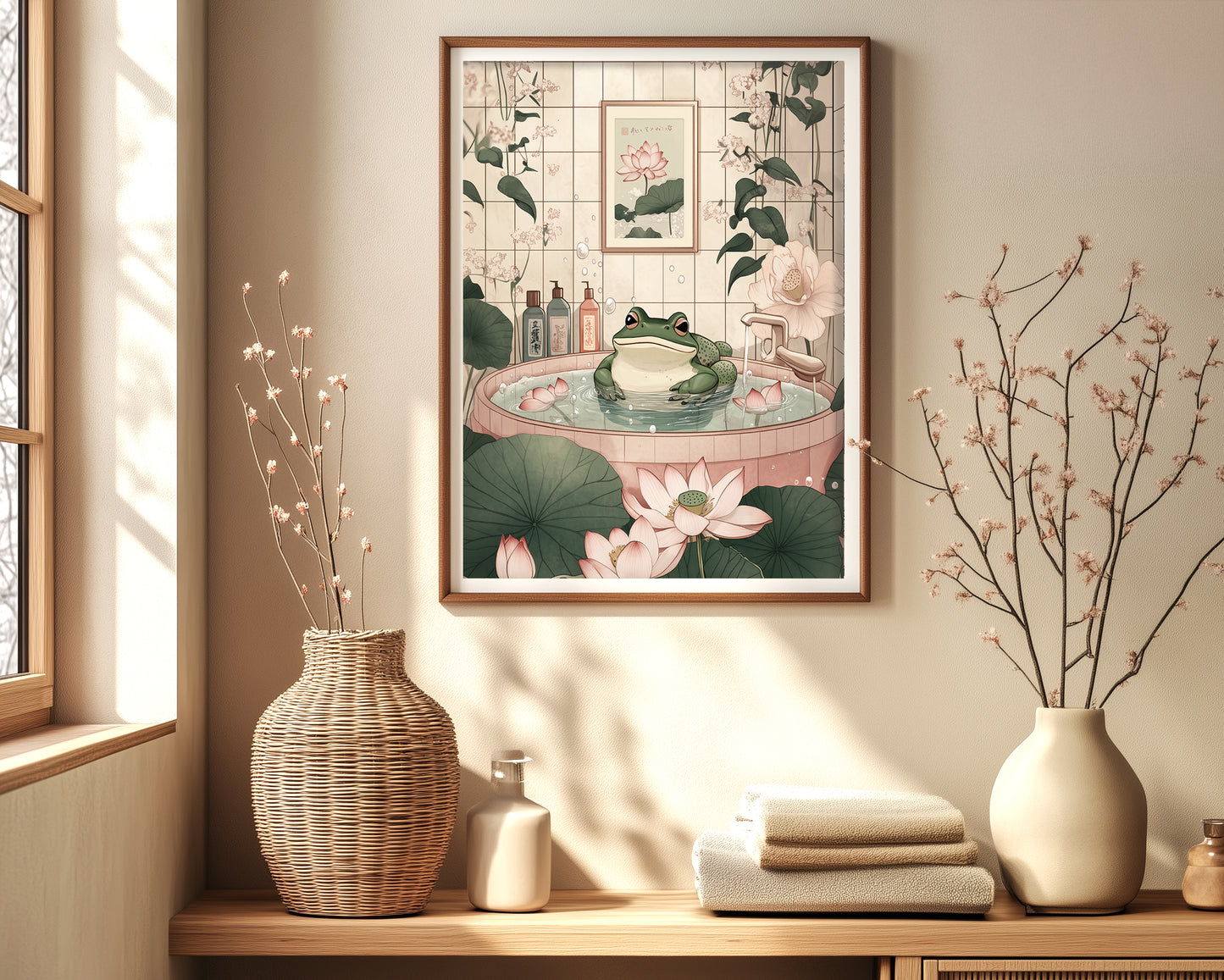 Japandi bathroom wall print with Japanese frog design