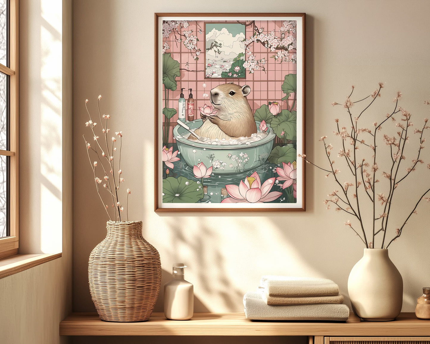 Cute capybara soaking print in neutral spa tones