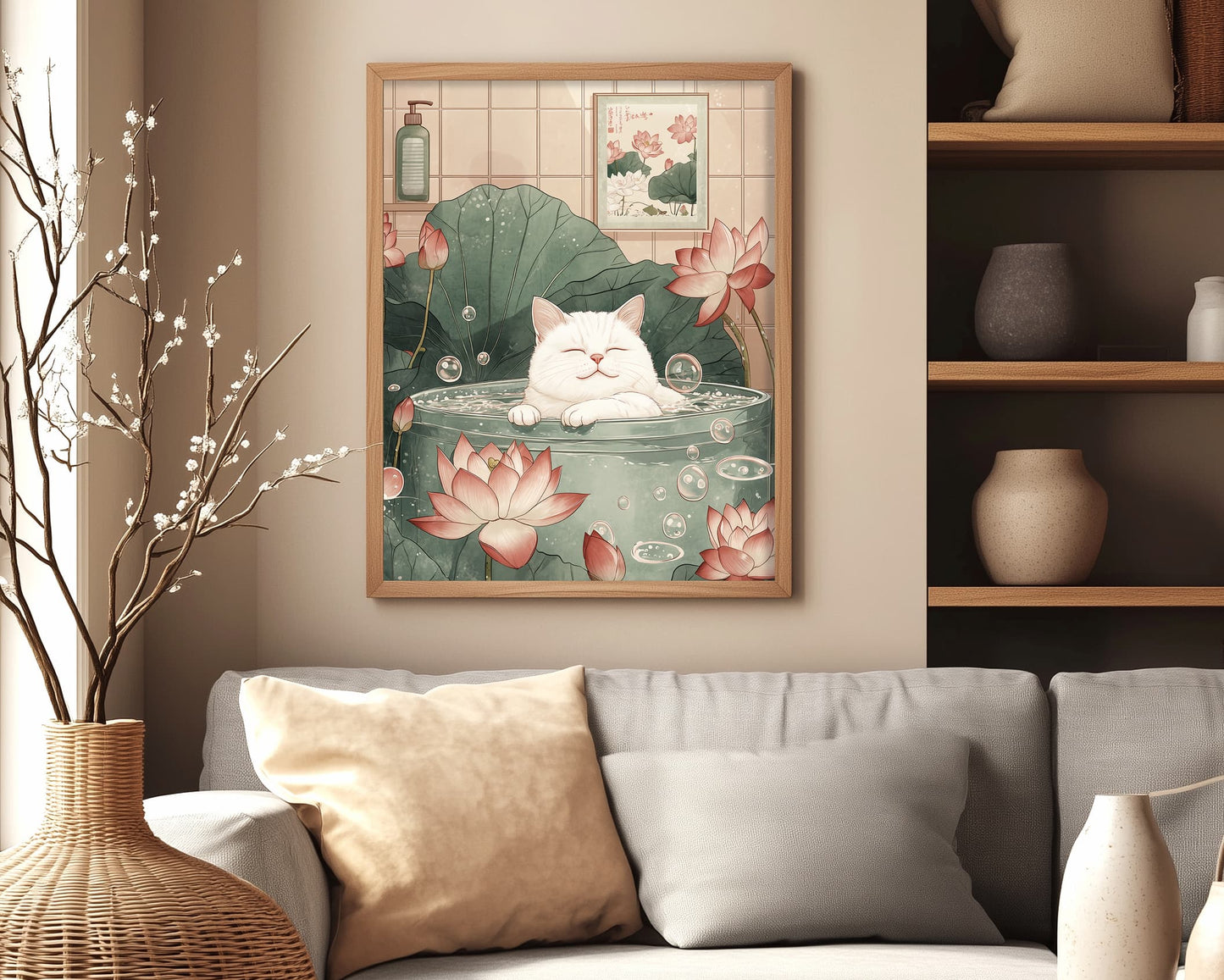 White cat relaxing in a bath, perfect for Japandi interior style