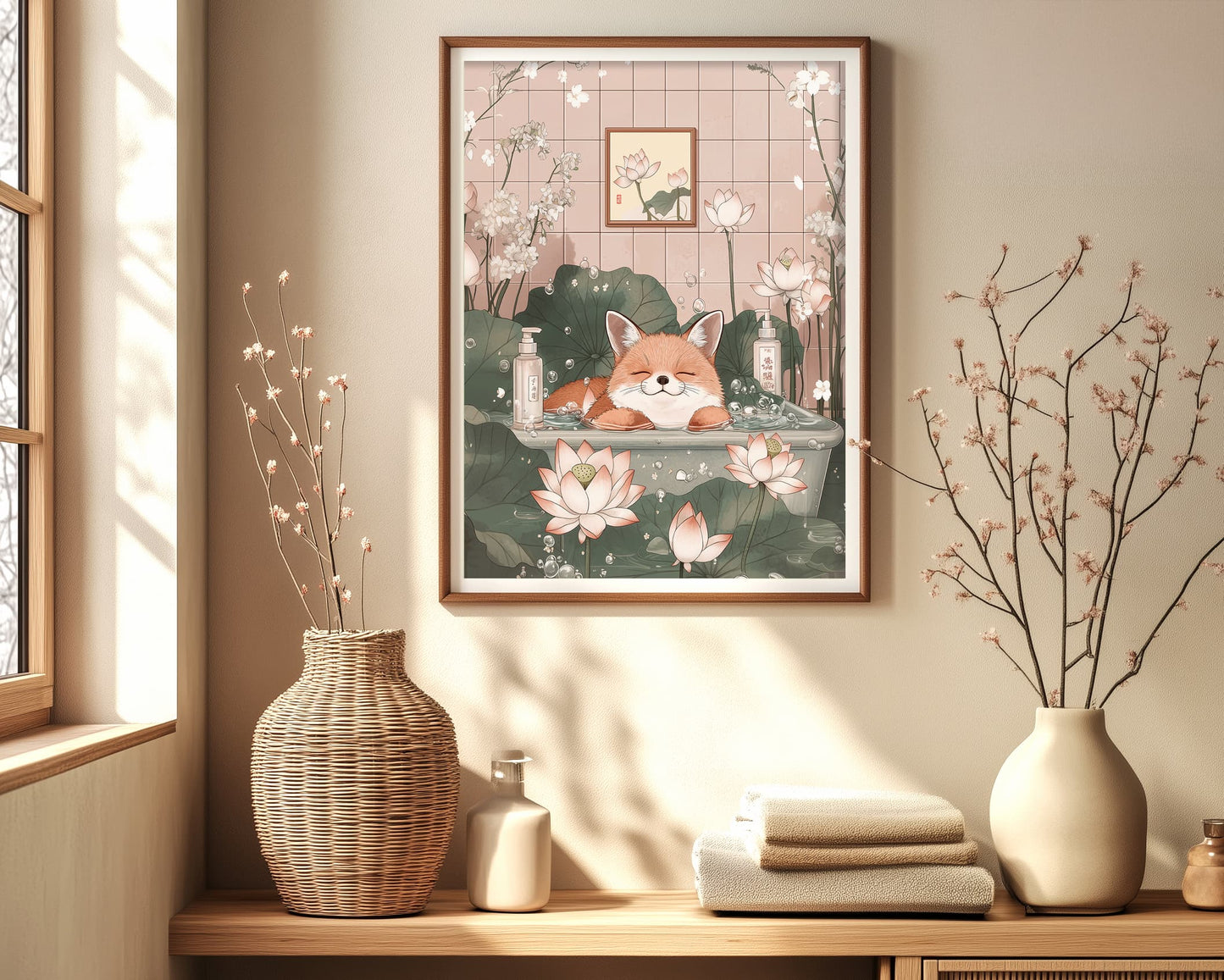 Fox in tub artwork – a funny Japandi bathroom print