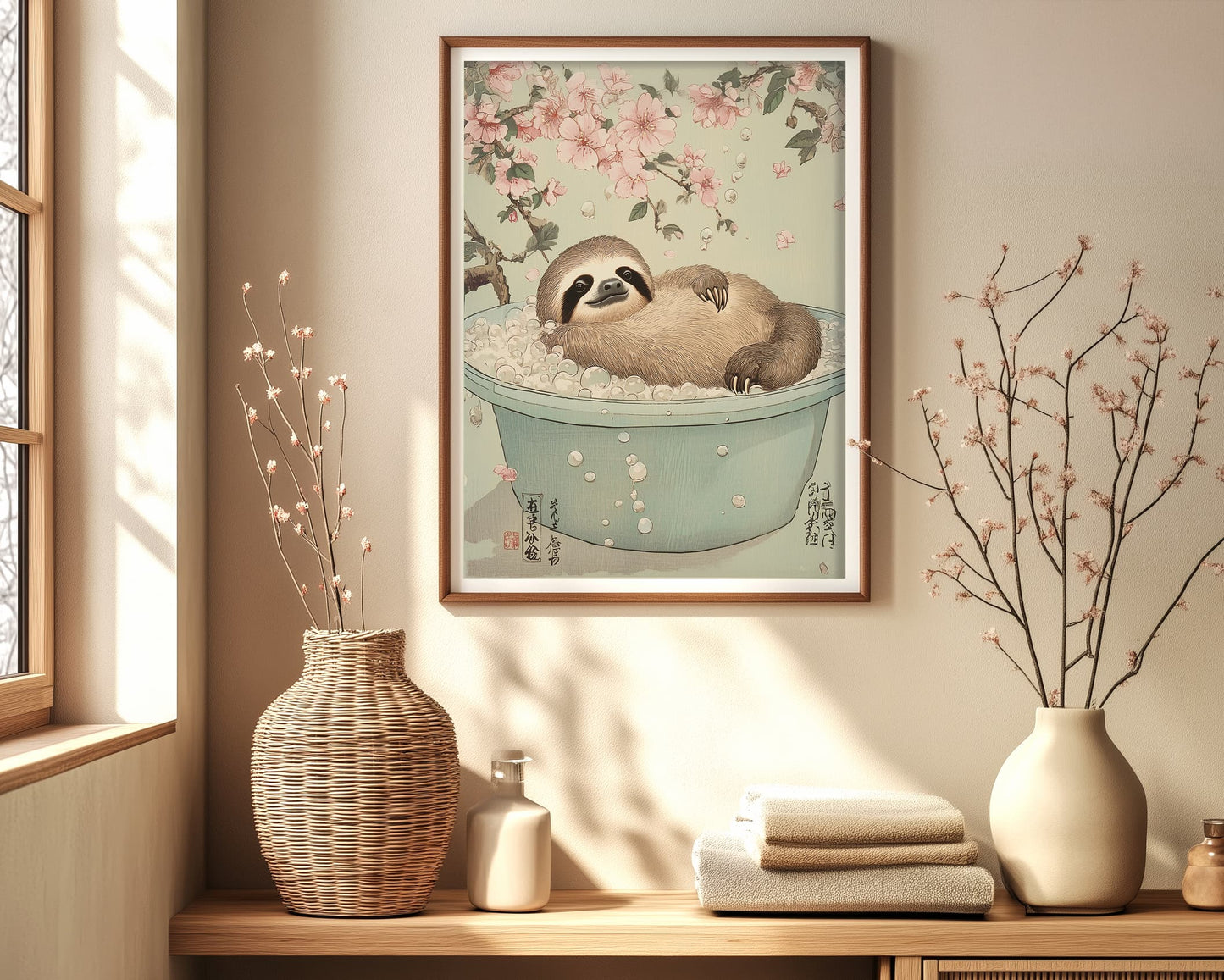 Funny sloth bathroom wall art for Japandi decor