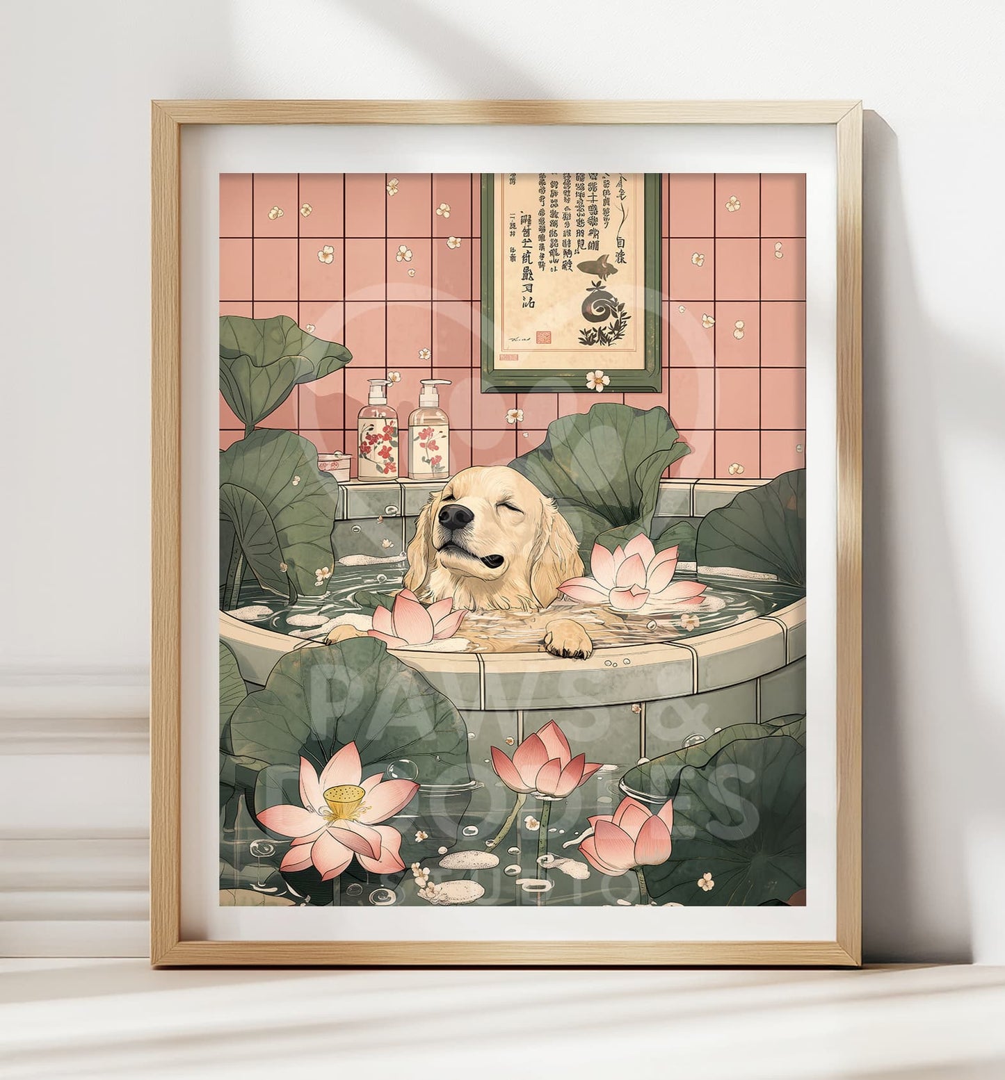 Golden retriever relaxing in Japanese bathtub