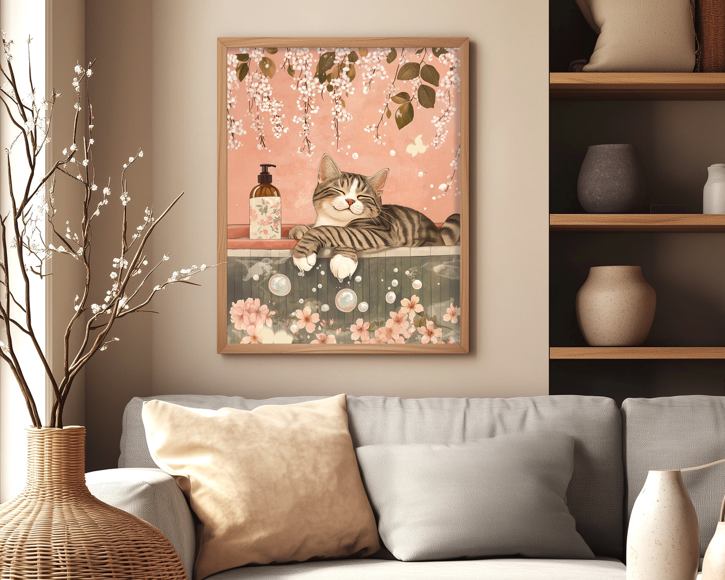 Japandi bathroom decor with minimalist tabby cat poster