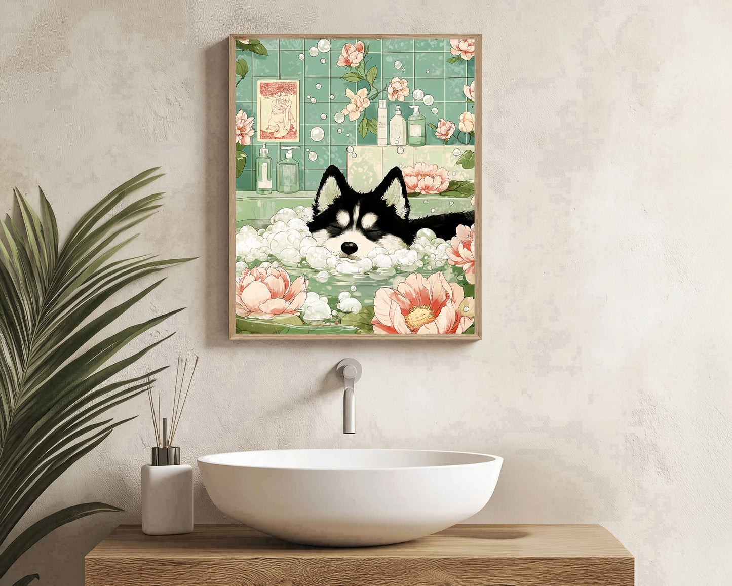 Cute husky in tub poster for bathroom pet decor