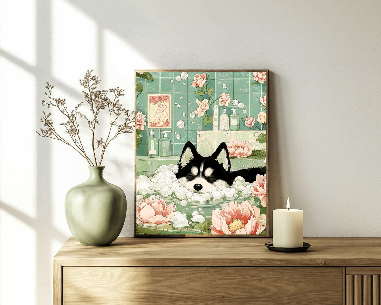 husky artwork bathroom sage green decor