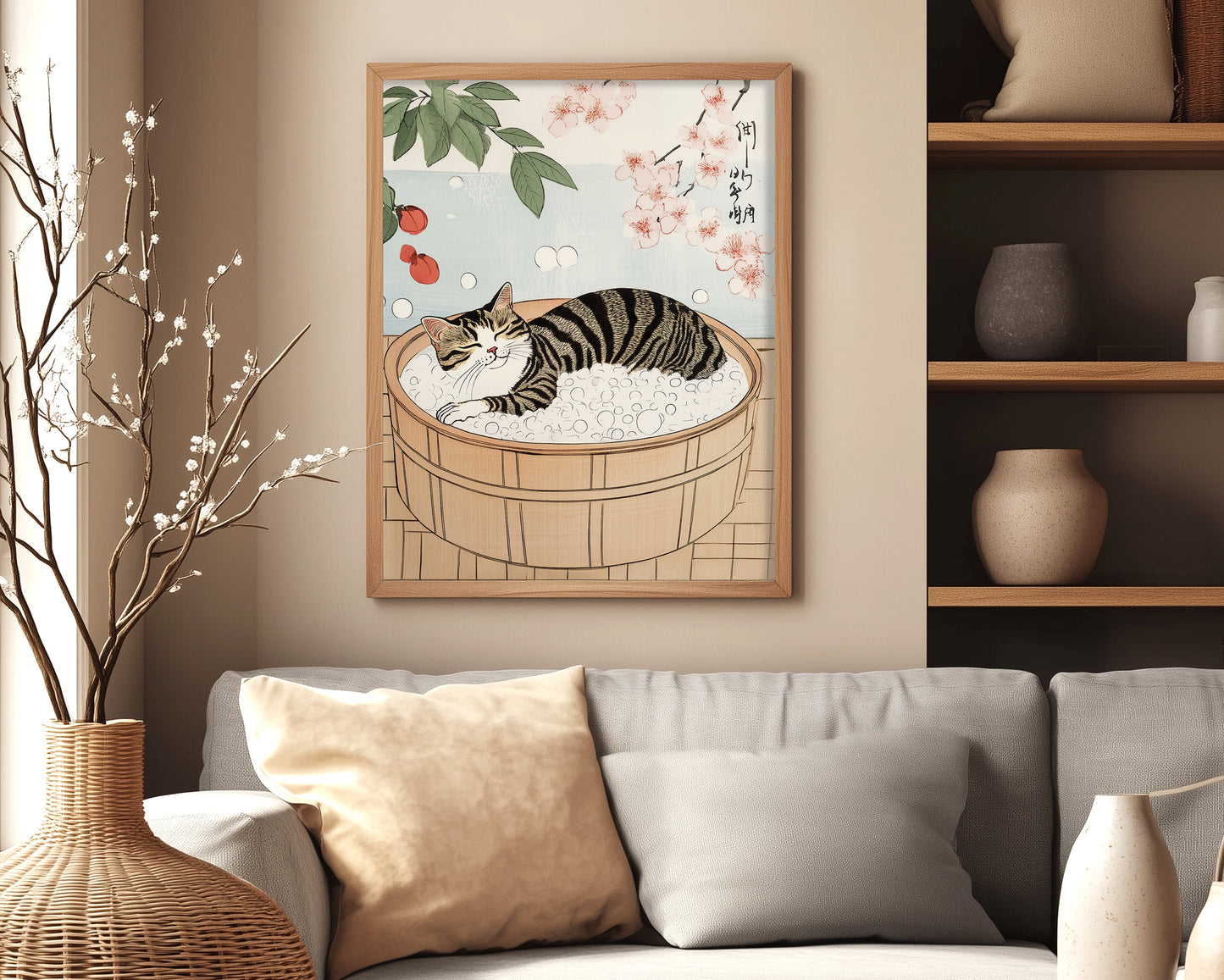 Minimalist cat poster with neutral tones and Japanese decor