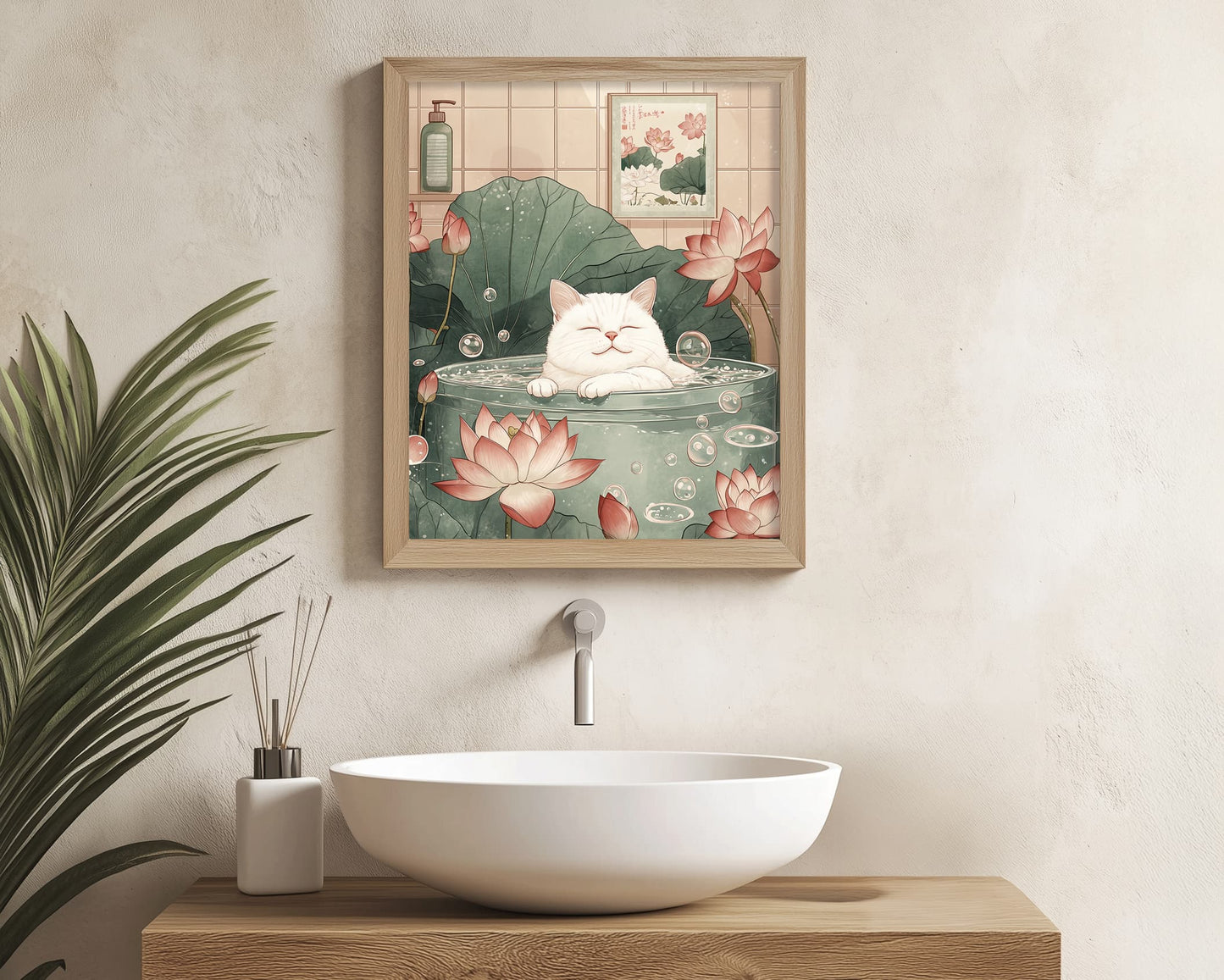 Japan wall art of a white cat in a bathtub, minimalist and aesthetic