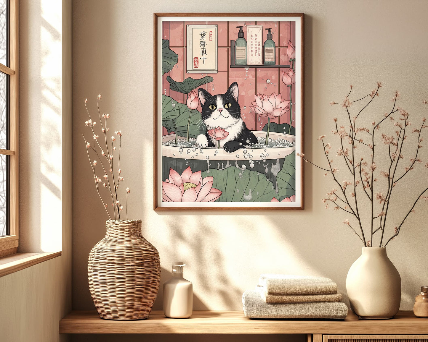 Black and white cat soaking in bathtub art