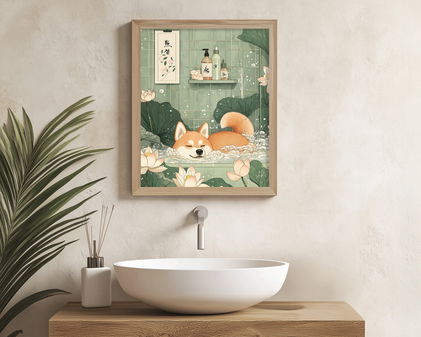 Japandi wall art featuring a Shiba dog in a bath