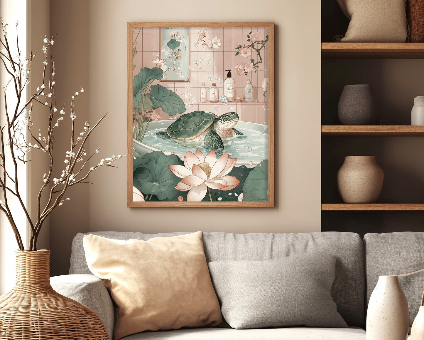 Sea turtle art print, neutral Japanese bathroom decor