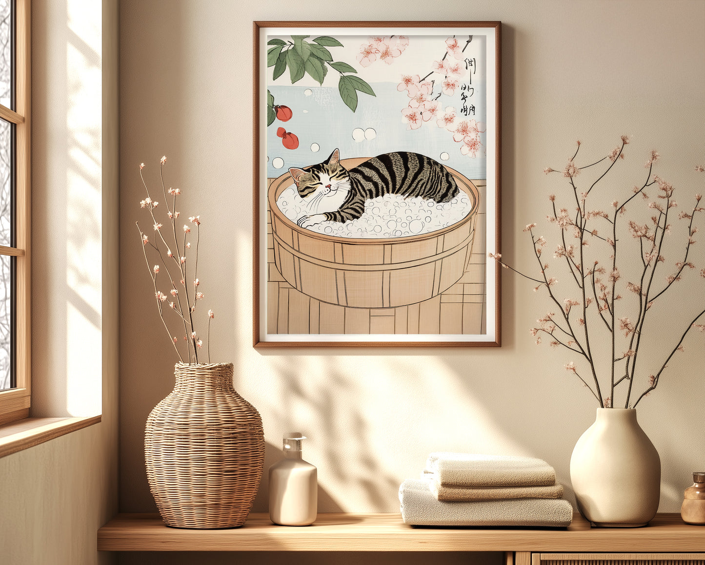 Japan-inspired art print of tabby cat in bath