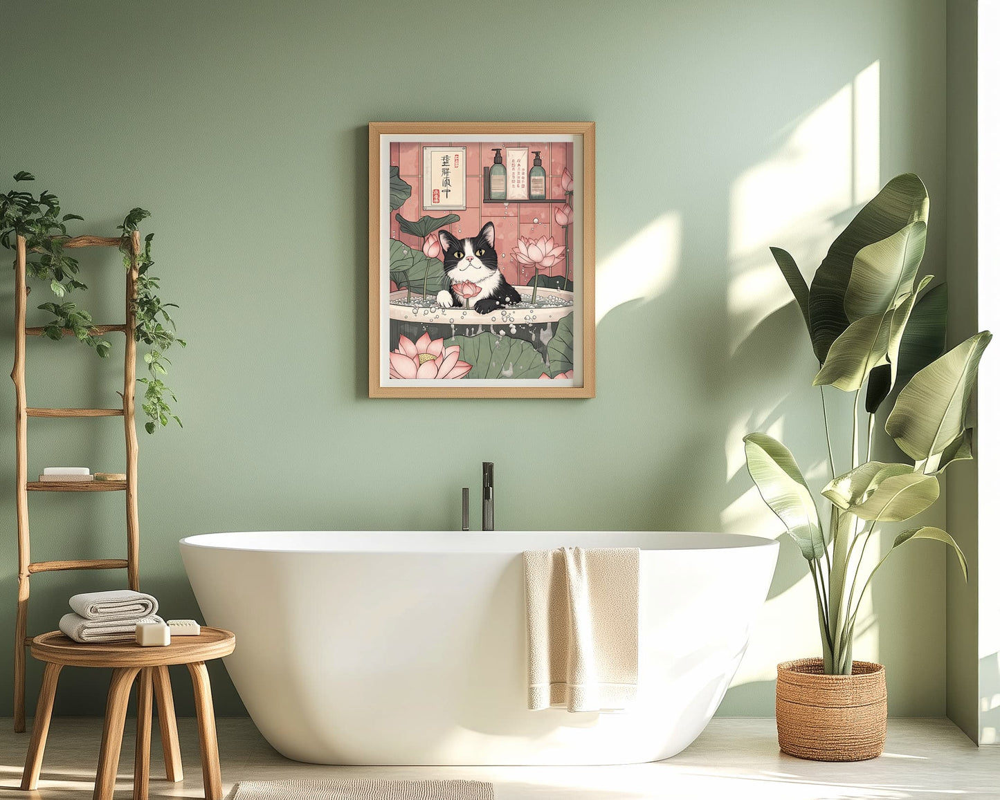 Cute cat wall art for bathroom or zen space