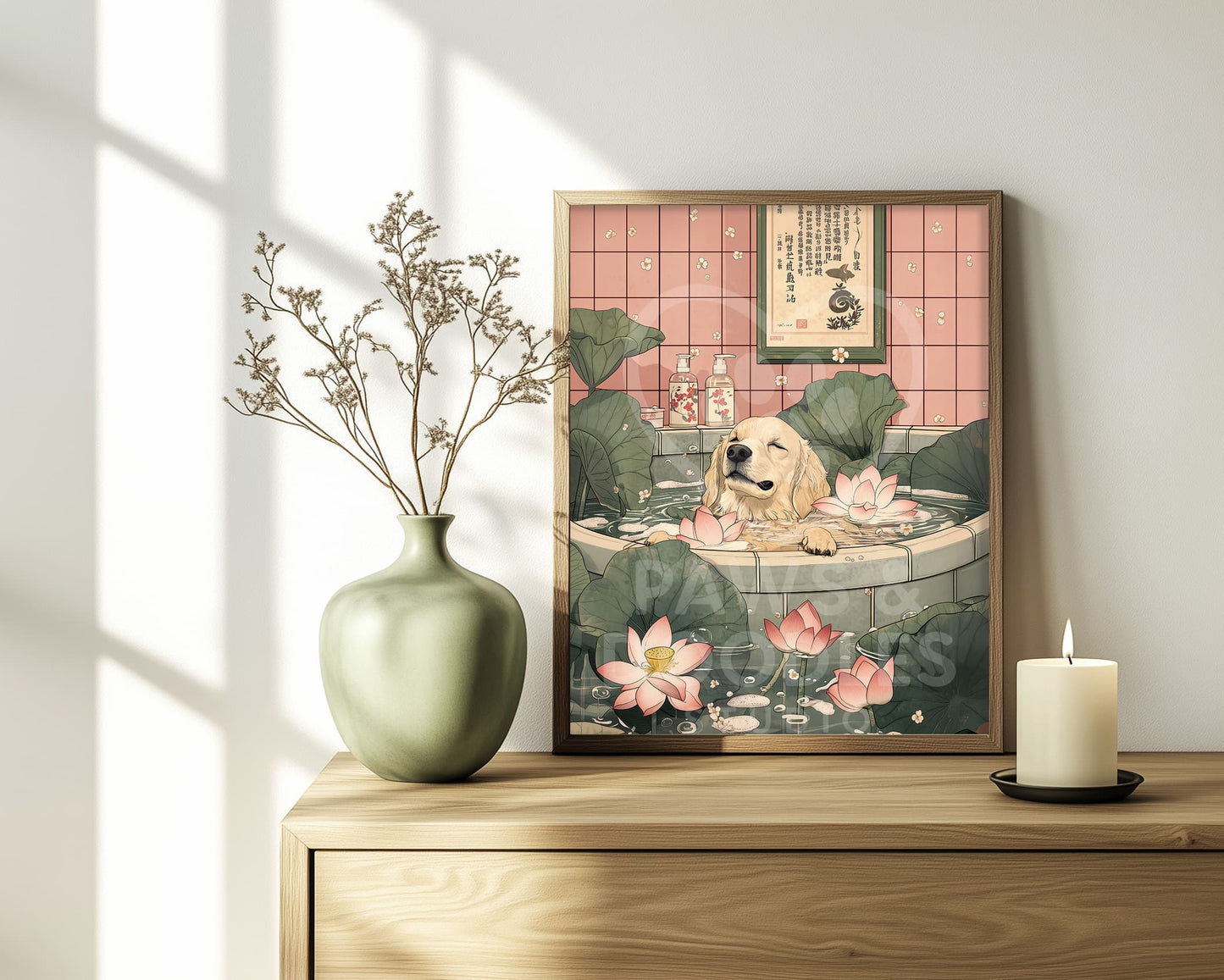 Minimalist bathroom decor with dog