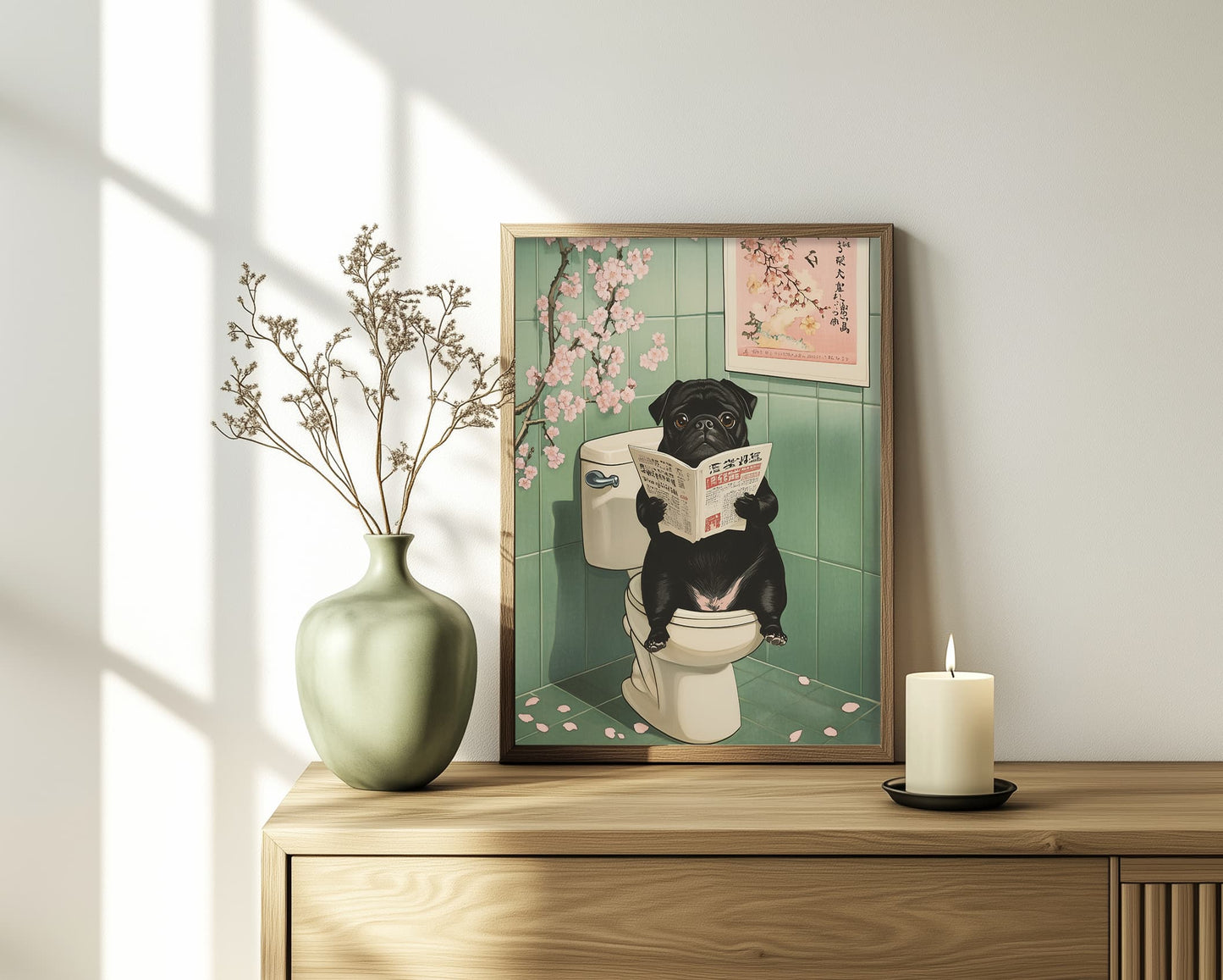 Funny Pug on Toilet Japanese Art Print – Quirky Dog Bathroom Wall Art, Minimalist Japandi Decor, Vintage Japanese Pet Lover Gift