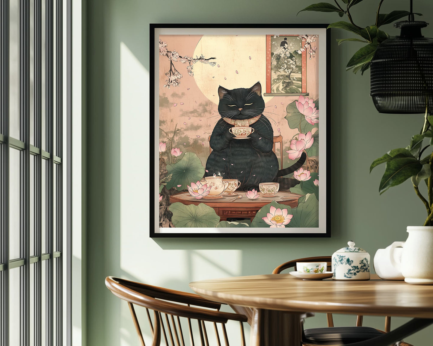 Japanese decor with black cat, moon, and lotus blossoms