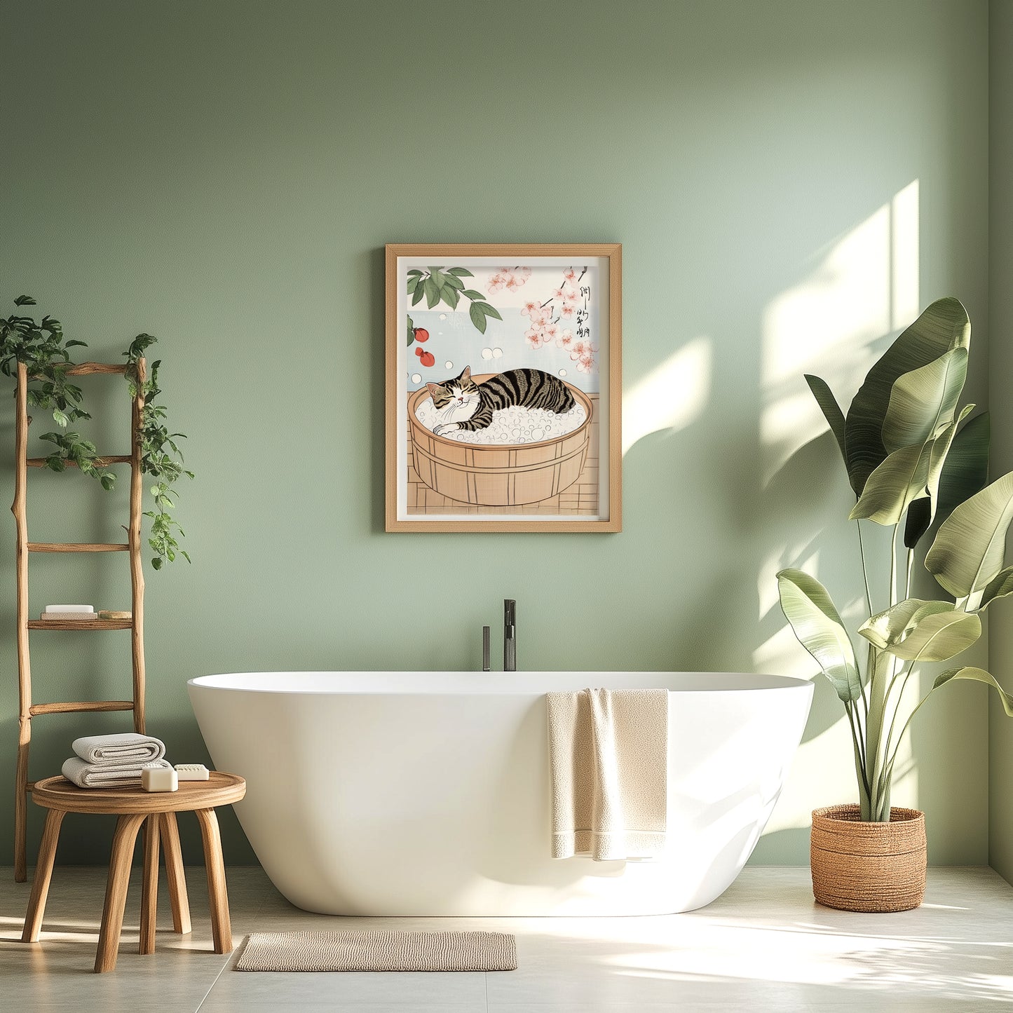 sage green decor bathroom spa art cat lover artwork