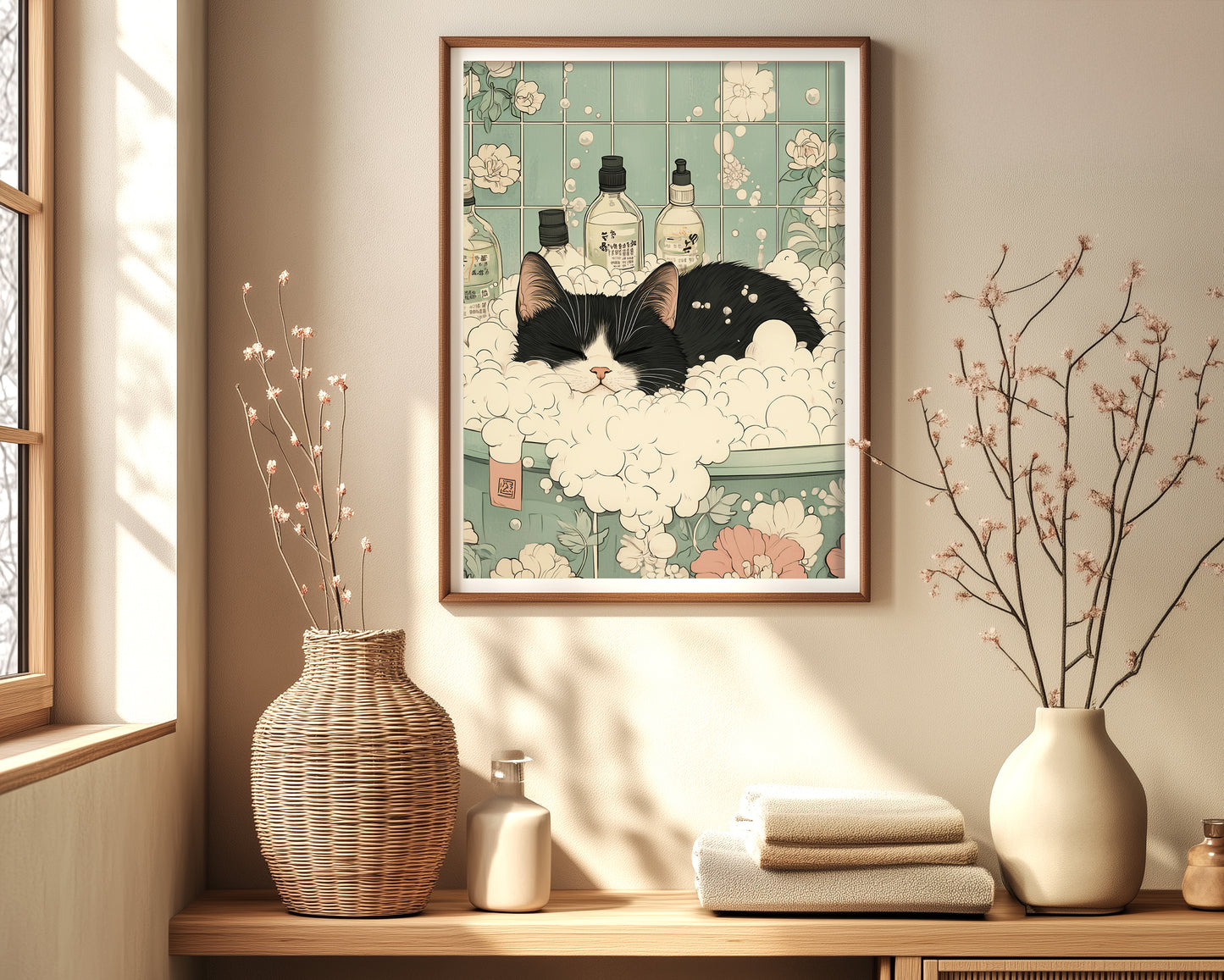 Japanese cat print with black and white cat in tub