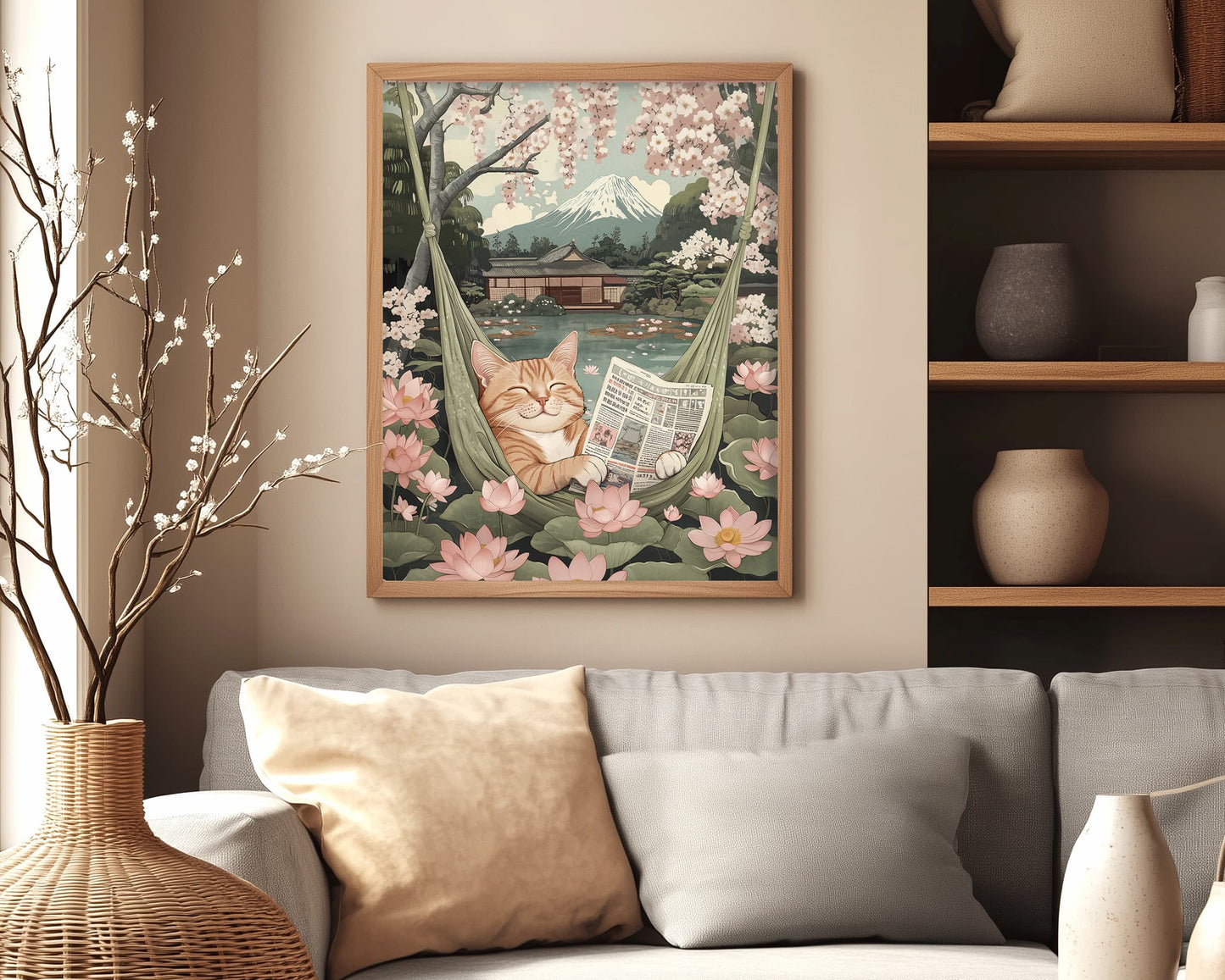 Orange tabby hammock with lotus flowers