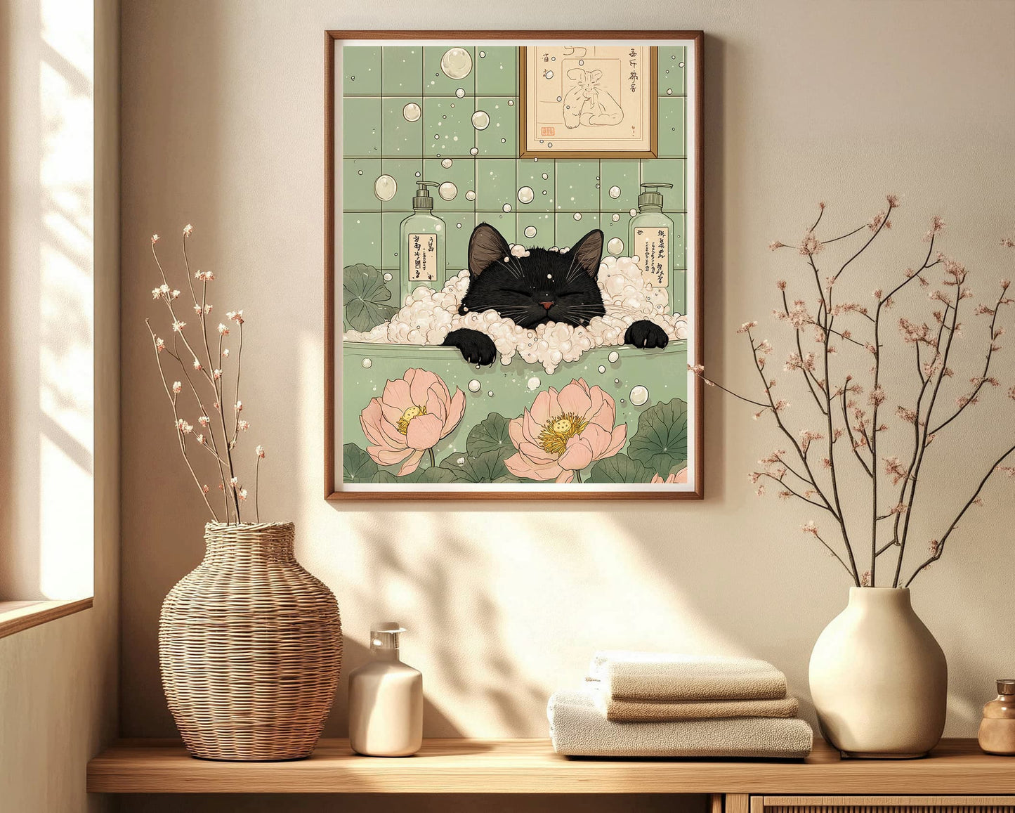 Funny pet wall art with black cat, lotus, and Ukiyo-e style