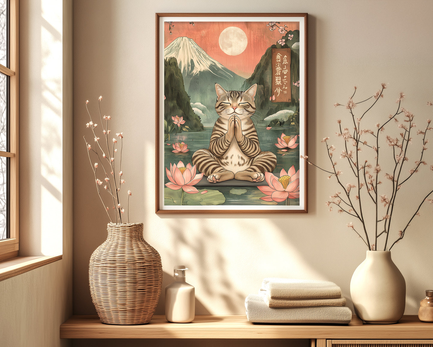 Tabby cat art in minimalist style with lotus and Fuji