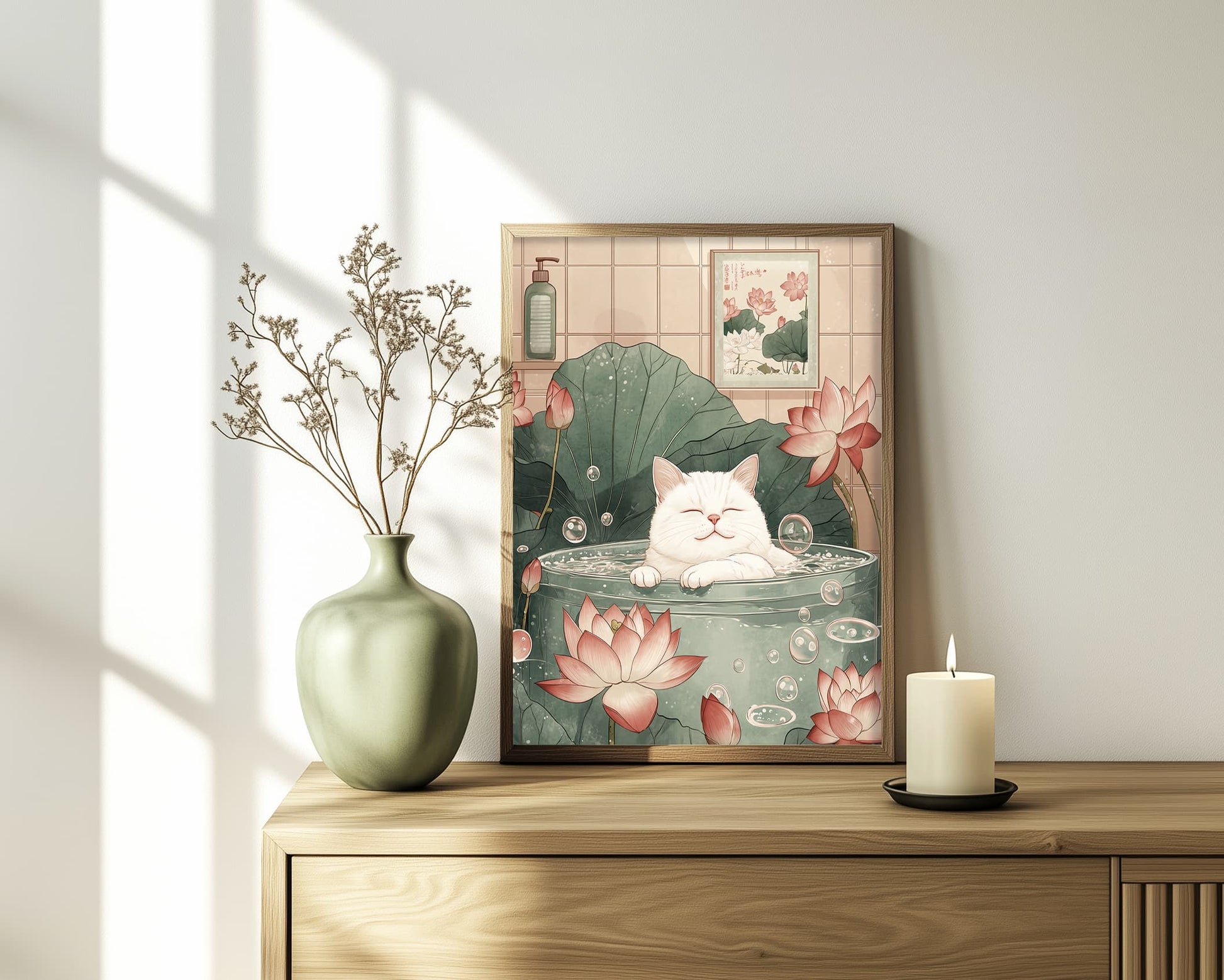 Funny Ukiyo-e inspired cat artwork for bathroom decor