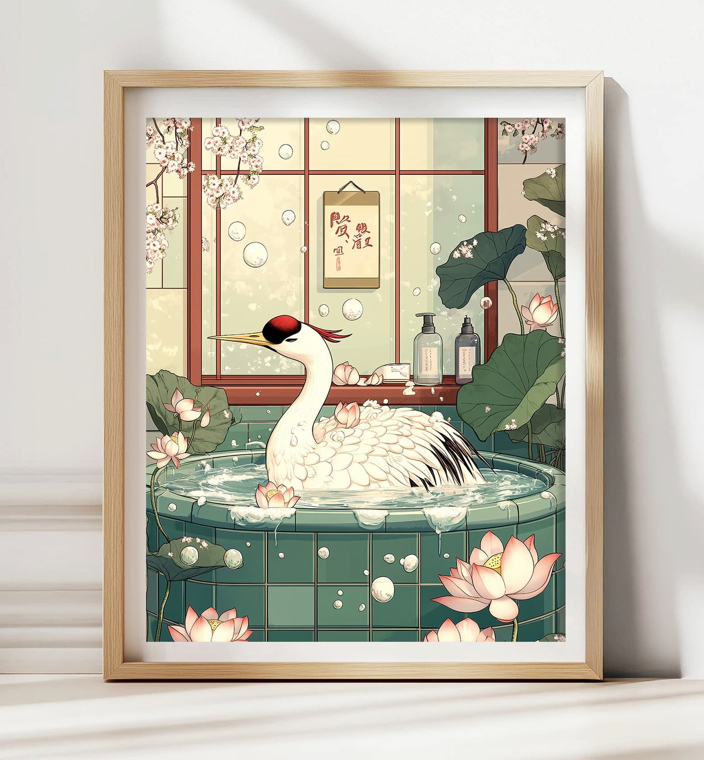 Japanese crane in bathtub wall art
