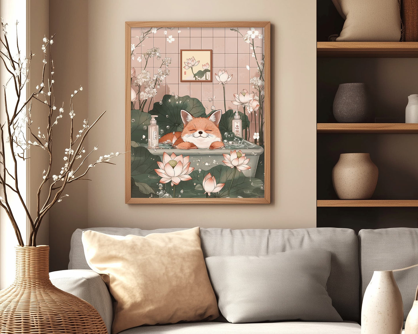 Ukiyo-e inspired quirky animal art with fox in bath