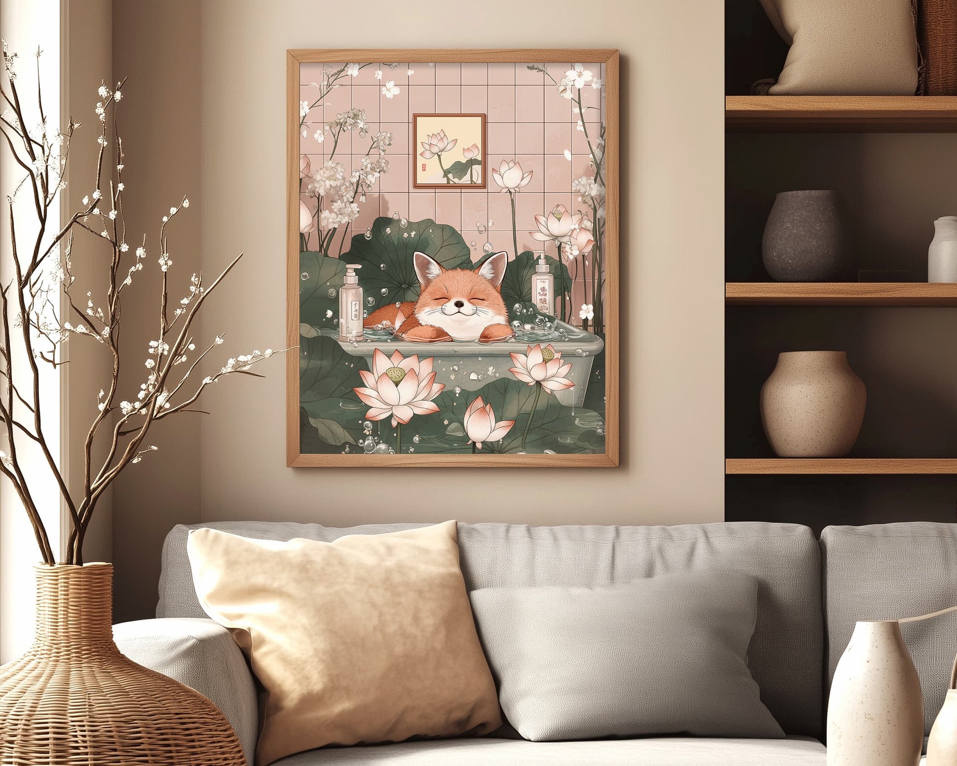 Ukiyo-e inspired quirky animal art with fox in bath
