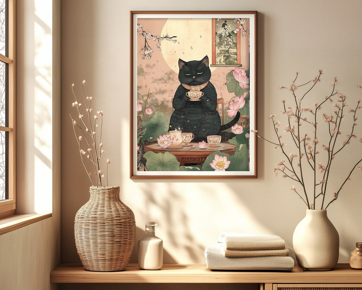 Cat enjoying tea under sakura branches in serene scene