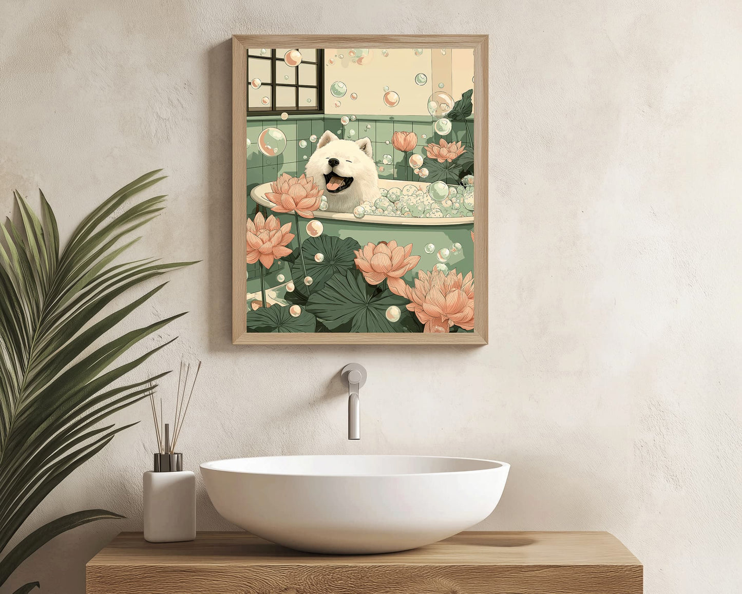 Funny bathtub art with white Samoyed dog