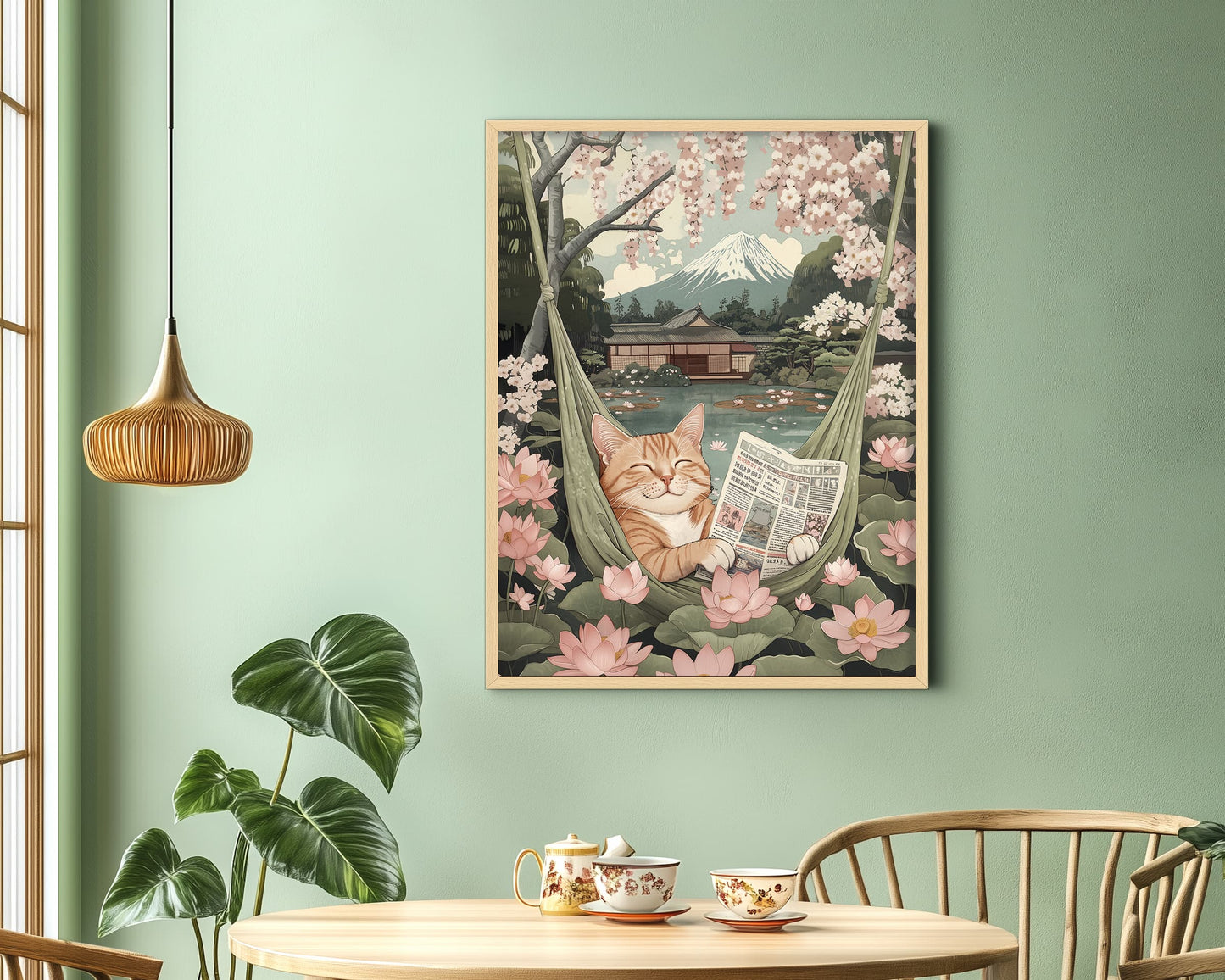 Cute cat Japanese landscape wall print